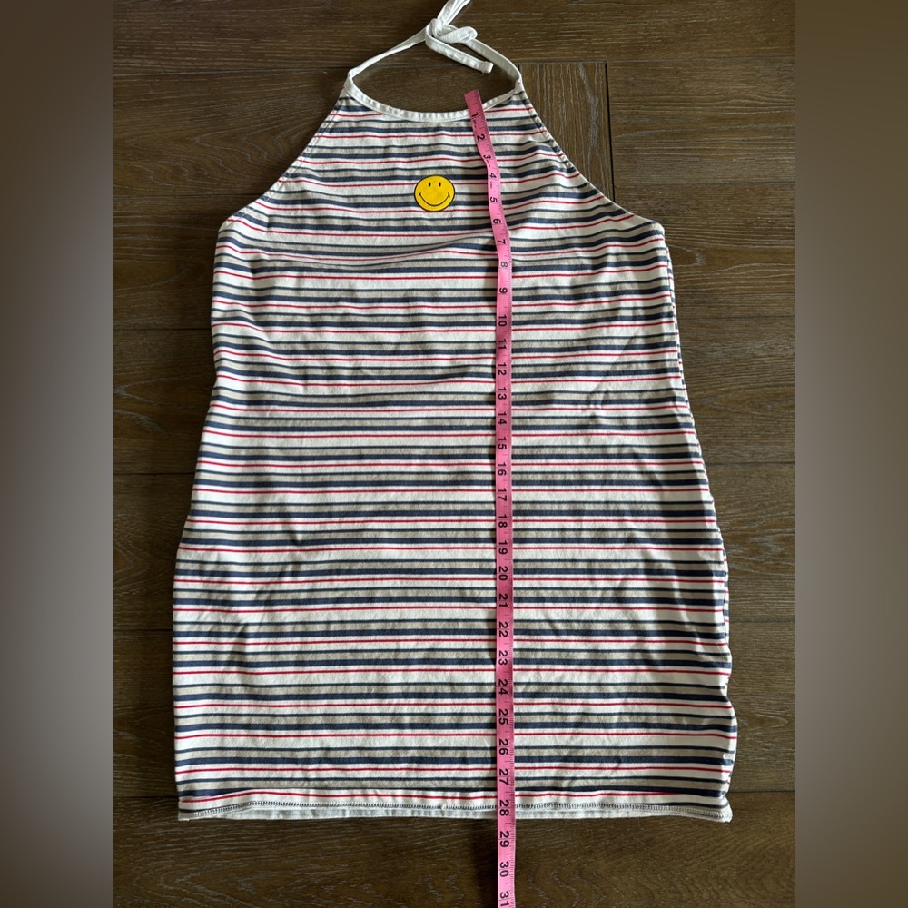 H&M multicolor striped backless halter dress features a playful yellow smile
